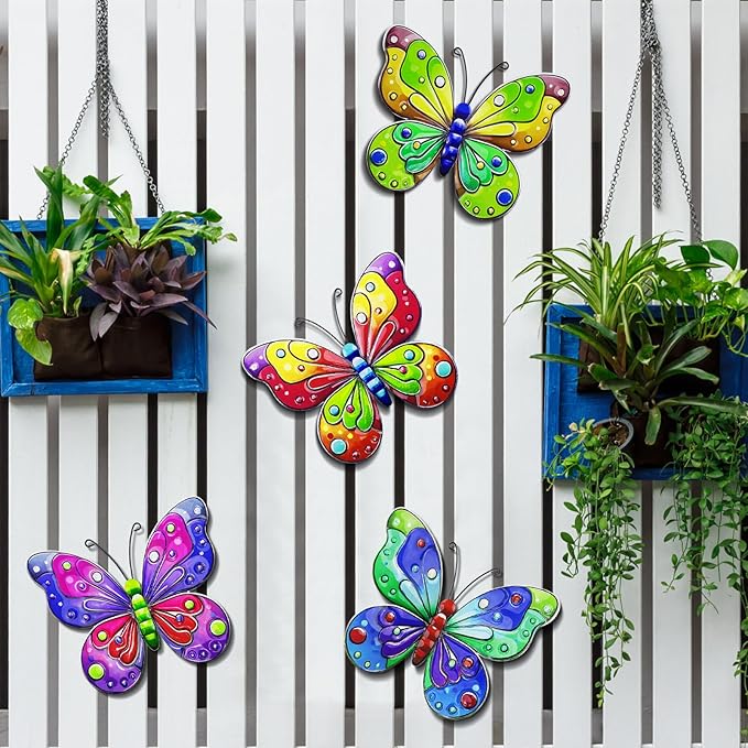 ULENDIS 4 Pack Metal Butterfly Wall Decor, Outdoor Fence Wall Art Decor, Hanging Decoration for Garden Backyard Living Room Balcony Patio Indoor(B)