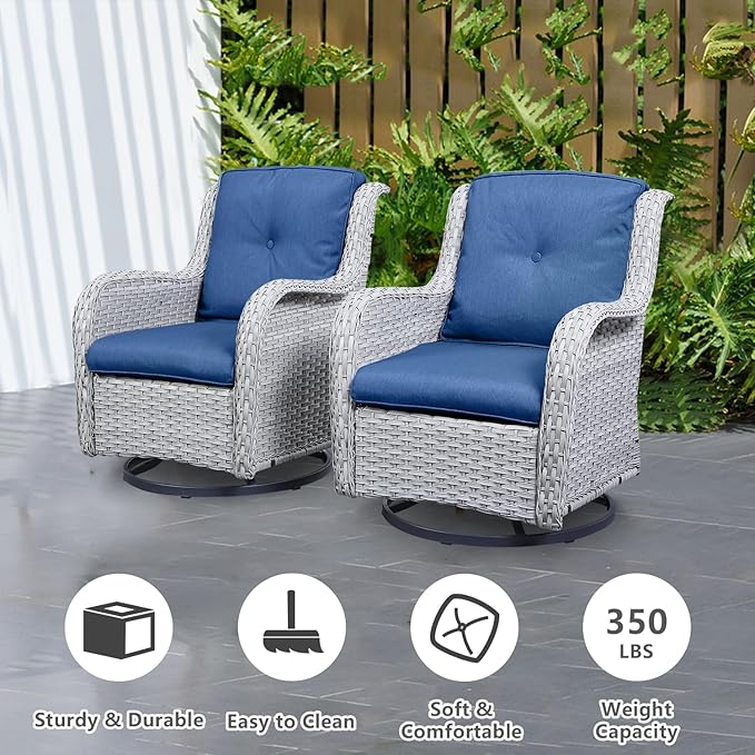 5 Piece Outdoor Patio Furniture Set - Patio Wicker Furniture Conversation Set, Outdoor Swivel Rocker Chairs with Loveseat Sofa and 2 Ottomans for Small Space, Blue Cushion
