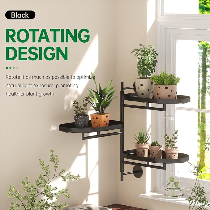 Rotating Window Plant Shelves for Multiple Plants Indoors,3-tier Metal Corner black Plant Stand Holder Floating Plant Shelf for Wall,Windows Sill Gifts for Plant Lovers to Enhance Home Decor
