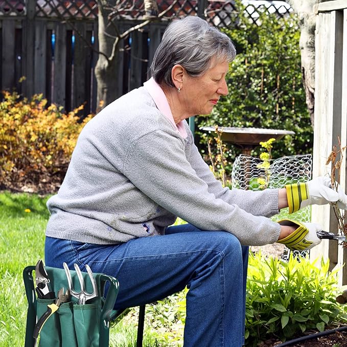 2-in-1 Garden Kneeler and Seat, Folding Garden Seat w/EVA Foam Kneeling Pad & Removable Tools Pouch, Sturdy Steel Frame, No Assembly, Portable Heavy Duty Garden Stool for Women Men Seniors