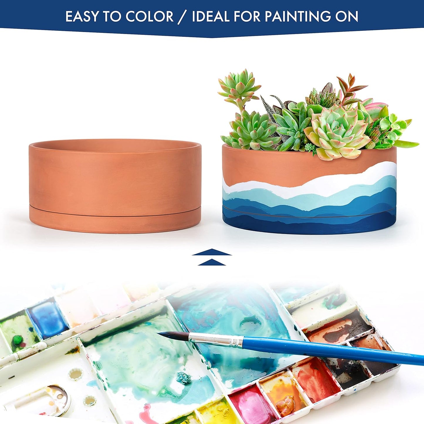 D'vine Dev 10 Inch Succulent Terracotta Shallow Pot with Drainage Hole and Saucer, Round Cylinder Planter Pot for Plant Flower, 40-Y-B-0