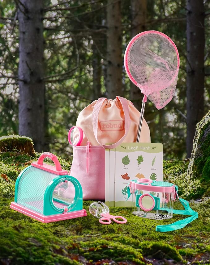 ROBUD Kids Explorer Kit, Bug Catcher Kit with Bag Kit, Pink Outdoor Exploration Set for Camping, Montessroi Toy for Kids Coming Closer to Nature,WRP28