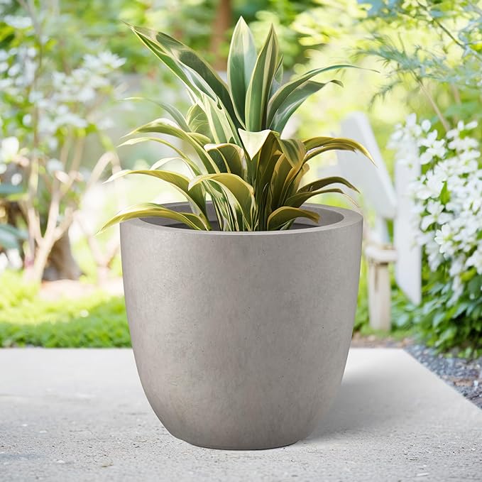 Kante 18 Inch Dia Round Concrete Planter, Indoor Outdoor Large Plant Pot with Drainage Hole and Rubber Plug for Home Patio Garden, Weathered Concrete