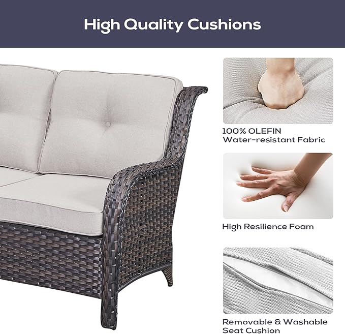 Outdoor Sectional Furniture Sofa Set with Propane Fire Pit Table, Wicker Patio Conversation Set with 2 Swivel Rocker Glider Chairs Beige Cushion Perfect for Backyard Casual Gathering