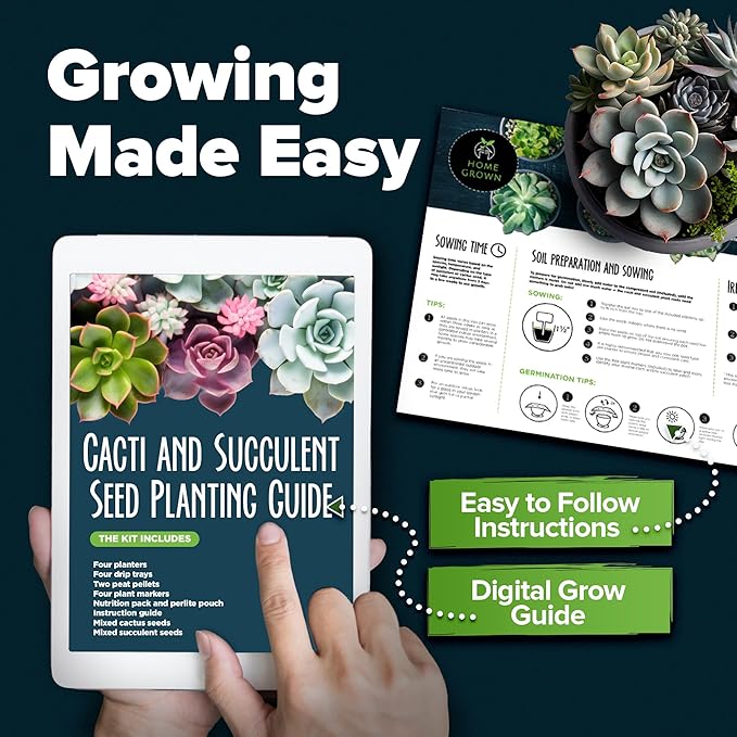 HOME GROWN Succulent & Cactus Seed Kit for Planting – Premium Starter Kit with 4 Planters, Drip Trays, Markers, Seed Mix, and Soil - Perfect DIY Gift for Plant Enthusiasts