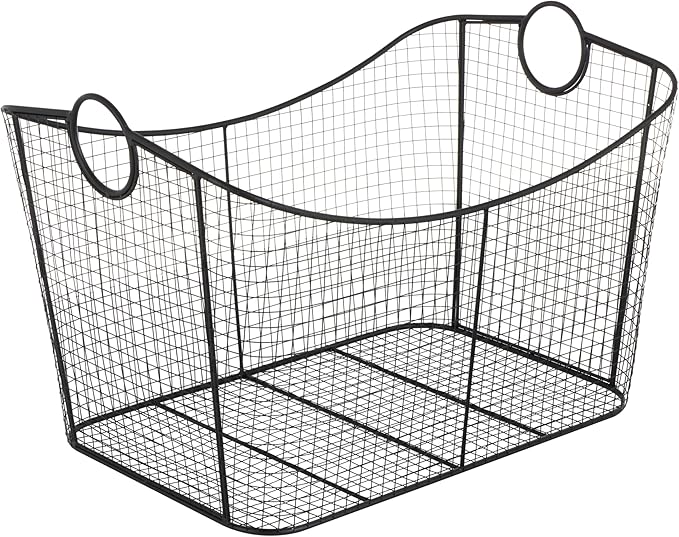 Deco 79 Metal Large Open Frame Wire Grid Storage Basket with Curved Sides and Ring Handles, 30" x 20" x 20", Black