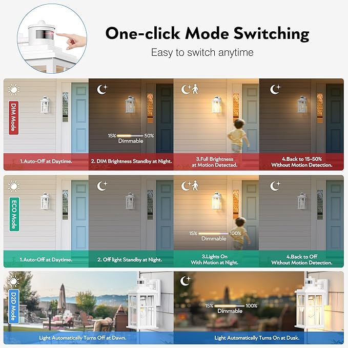 White Outdoor Wall Lights, Motion Sensor Porch Light Outdoor, Dusk to Dawn Outdoor Light Fixtures, Waterproof Outside Lights for House, Garden, Front Porch, Tempered Glass, Anti-Rust