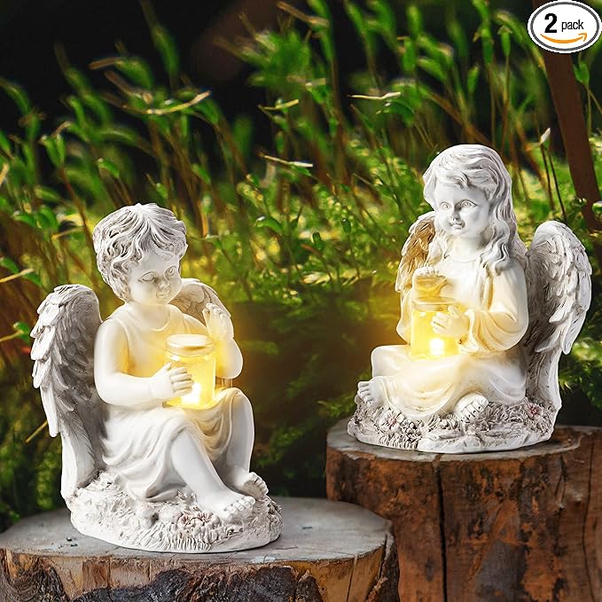 2 Pack Outdoor Angel Statue Garden Decor, Classic Solar Angel Figurine Decoration for Yard Art Indoor Porch Home Lawn Outside Light up Cherub Sculpture Guardian Wings Memorial Gifts