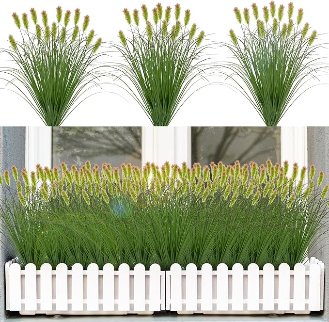 Artificial Grass Plants Outdoor 12 Bunches Fake Onion Grasses with Plush Fake Shrubs Plant Flowers Faux Greenery Wheat Sea Grass for Outside Garden Indoor House Home Office Room Décor (Green & Red)