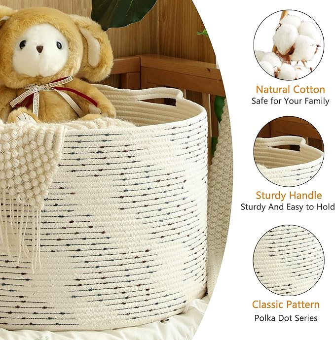 KAKAMAY Large Blanket Basket (20"x13"),Woven Baskets for storage Baby Laundry Hamper,Cotton Rope Blanket Basket for Living Room, Laundry, Nursery, Pillows, Off White with Blue & Brown Dotted Pattern