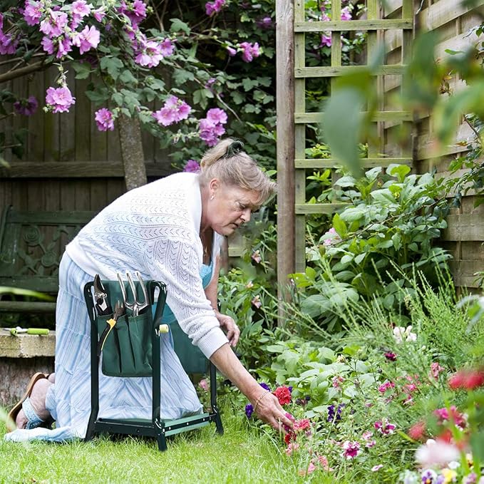 2-in-1 Garden Kneeler and Seat, Folding Garden Seat w/EVA Foam Kneeling Pad & Removable Tools Pouch, Sturdy Steel Frame, No Assembly, Portable Heavy Duty Garden Stool for Women Men Seniors