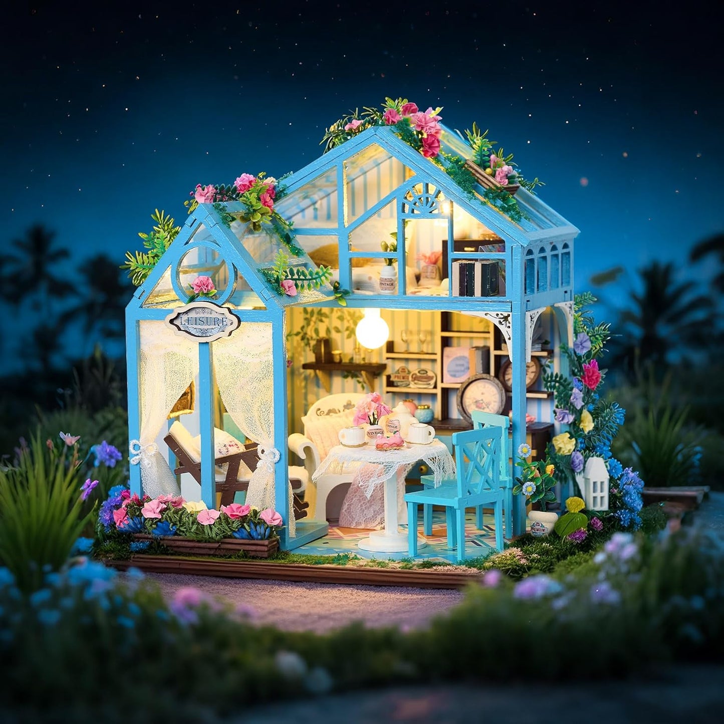 BenBen DIY Miniature House Kit, Garden Tea House Model Craft Kits for Adults, Teens, Mini House Building Kit with Furniture, Dollhouse Diorama to Build for Home Décor