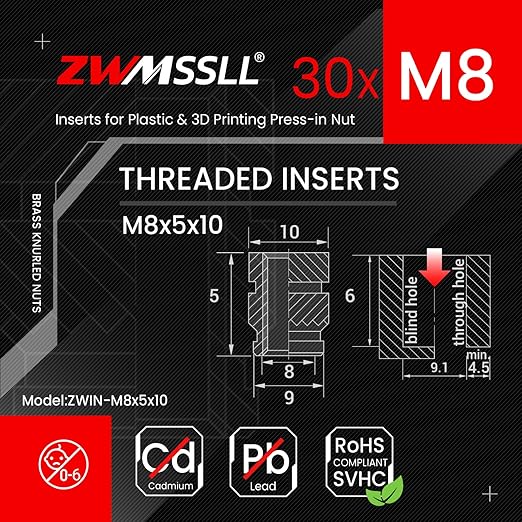 M8 Threaded Inserts-30 Pieces M8x5x10 Heat-Set Insert Brass Knurled Nuts Big Size for 3D Printing Components and Plastic Parts
