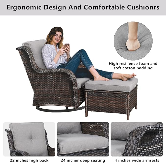 Outdoor Furniture Sectional Sofa L Shaped Couch - Patio Wicker Set with 2 Swivel Glider Chairs, 8 Piece Rattan Patio Conversation Sets with Gray Cushion for Deck Backyard Sunroom Grey Cushion