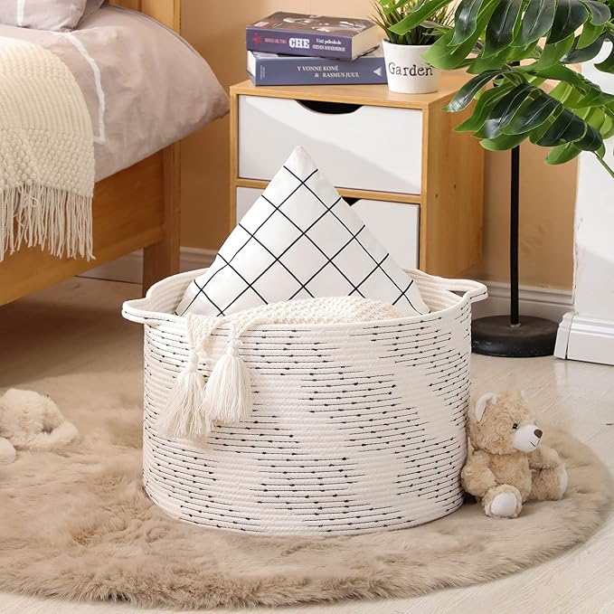 KAKAMAY Large Blanket Basket (20"x13"),Woven Baskets for storage Baby Laundry Hamper,Cotton Rope Blanket Basket for Living Room, Laundry, Nursery, Pillows, Off White with Blue & Brown Dotted Pattern