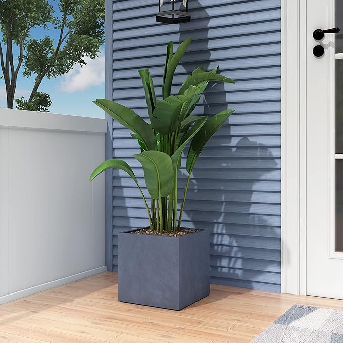 Kante 12 Inch Square Concrete Planter for Outdoor Indoor Home Patio Garden, Large Plant Pot with Drainage Hole and Rubber Plug, Charcoal