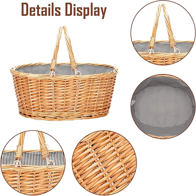 Wicker Picnic Basket with Double Folding Handles, Natural Large Willow Hamper Empty Basket Cheap Easter Eggs Candy Storage Wine Basket for Toy, Flower, Wedding(Grey 16inch)