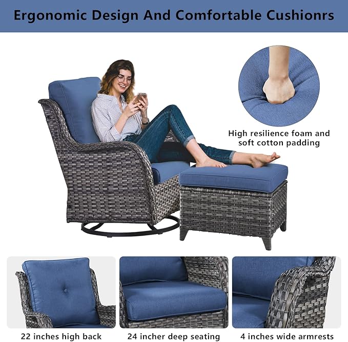 Wicker Outdoor Furniture Patio Furniture Set - 6 Piece Patio Conversation Set with Swivel Rocker Chairs, Loveseat Sofa, Ottomans and Coffee Table, Blue Cushion