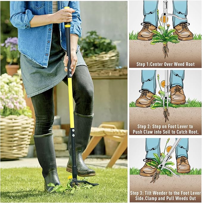 Jardineer Weeder Puller Tool with Long Handle, 45" Stand Up Weed Remover Tool, Weeding Tools Gardening Heavy Duty with 4 Claw Steel Head