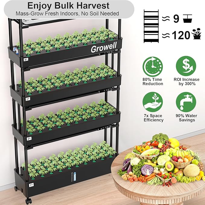 Growell Large Hydroponics Growing System Kit, 120 Pods Vertical Hydroponic Garden with 2 Light Modes Grow Light, Auto Circulating Water System, 48L Indoor Gardening System for Herb Vegetable Fruit