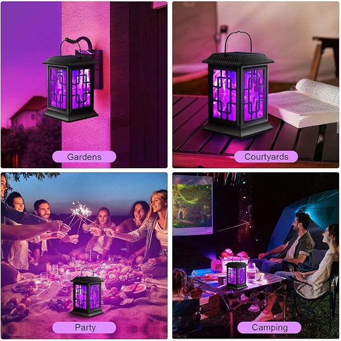 2 Pack Solar Flickering Flame Lanterns, Waterproof Hanging Outdoor Solar Lights for Garden, Patio, Yard, Pathway Decoration (Purple)