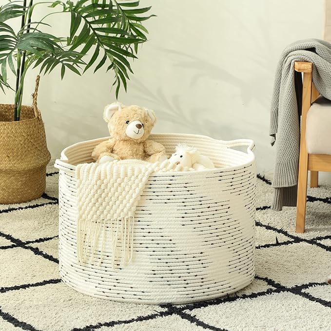 KAKAMAY Large Blanket Basket (20"x13"),Woven Baskets for storage Baby Laundry Hamper,Cotton Rope Blanket Basket for Living Room, Laundry, Nursery, Pillows, Off White with Blue & Brown Dotted Pattern