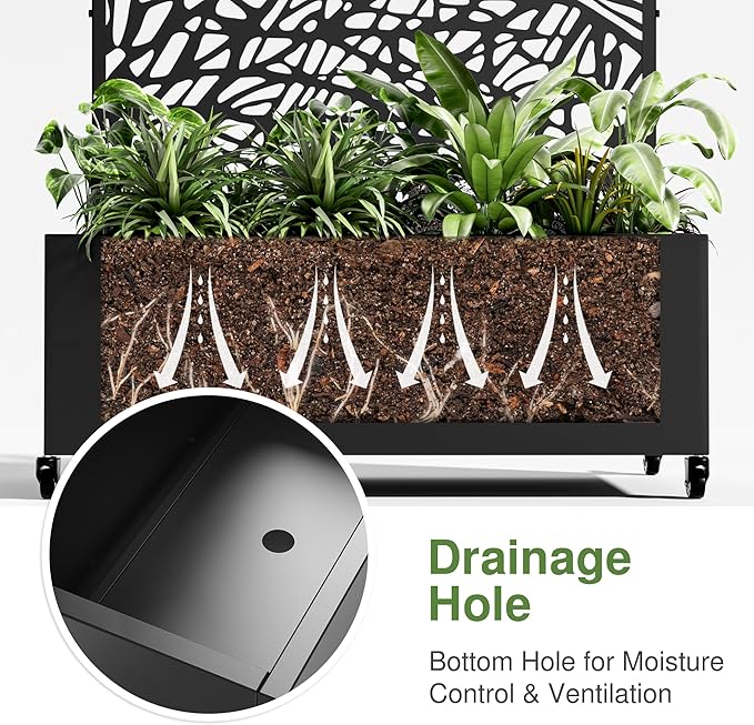 Casaphoria Metal Raised Garden Bed with Trellis and Wheels, 72"x47"x16" Planter Box for Climbing Plants, Vegetables & Vines, Features Drainage Holes and Privacy Screen (Black-Net)