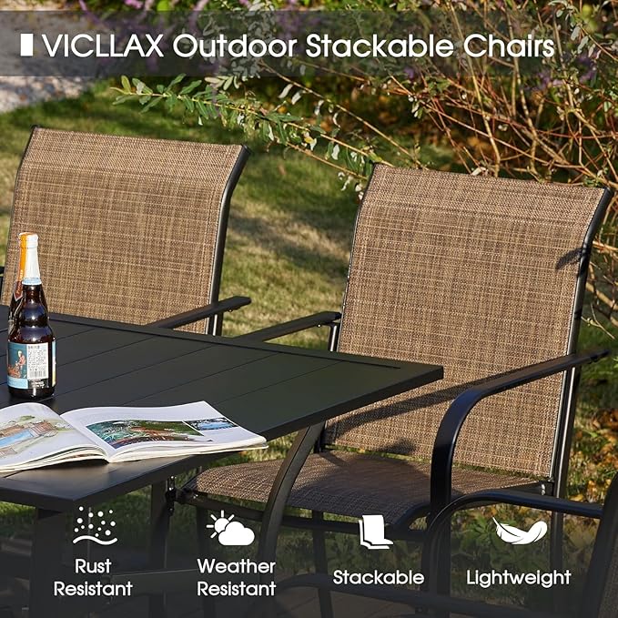 VICLLAX 5 Pieces Patio Dining Set for 4, Outdoor Furniture Set Includes 40.7" Round Patio Table and 4 Patio Stackable Chairs, Black Tabletop and Brown Fabric