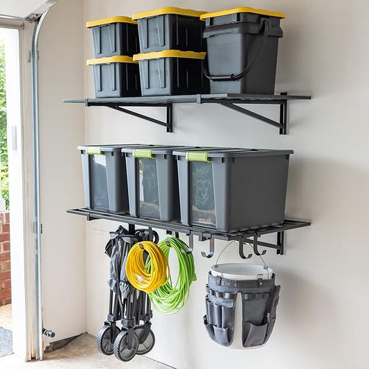 StoreYourBoard 2-Pack Heavy Duty Wall Shelves – Wall-Mounted Garage Storage Shelving and Organization for Sheds, Closets, or Utility Rooms – Holds 200 lbs, 2ft x 4ft, Black