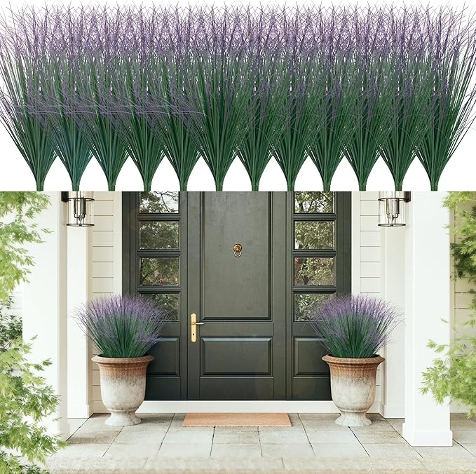 48Pcs Artificial Grass Plants, Faux Shrubs Wheat Grass, Artificial Tall Grass Fake Plants for Outdoor Decor,Artificial Greenery Stems Weed for Room Indoor Home Decor(Green Purple Tail)