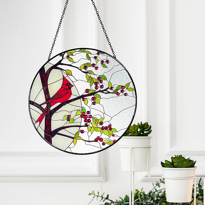 Stained Glass Window Hanging Sun Catcher 7.8”- Cardinal in Full Moon Stained Glass Suncatcher, Red Berry Tree, Nature, Indoor Decor, Wall Art, Gifts for Women