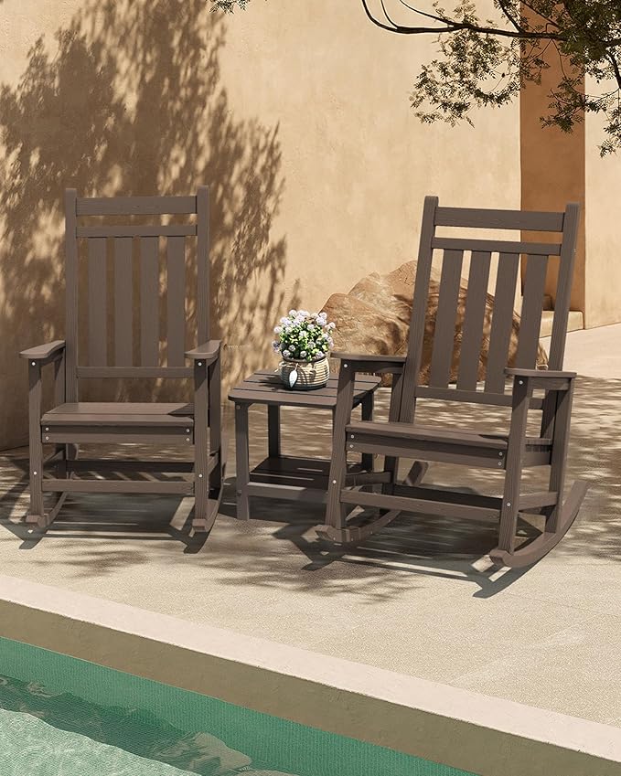 SERWALL Outdoor Rocking Chair Set of 2, HDPE Rocking Chairs for Adult, All Weather Porch Rockers for Lawn Garden, Coffee