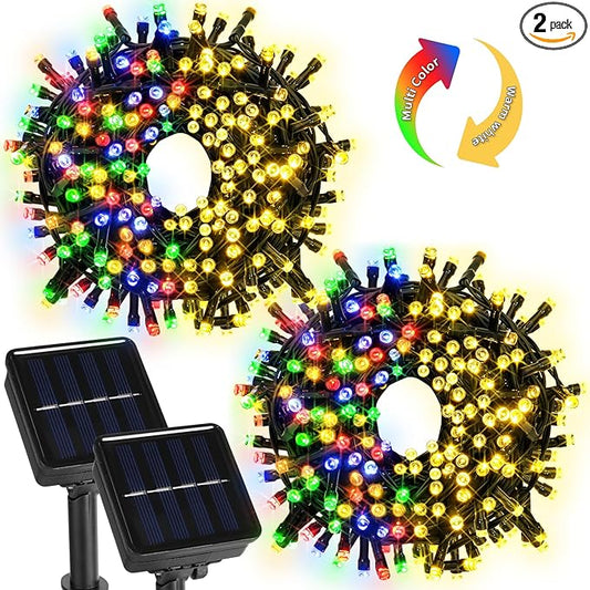 2 Pack 200 LED Solar String Lights, 8 Modes Solar Lights for Outside, Waterproof and Solar Powered Outdoor String Lights for Holiday Christmas Yard Garden Tree Wedding Party (2 Color Changing)