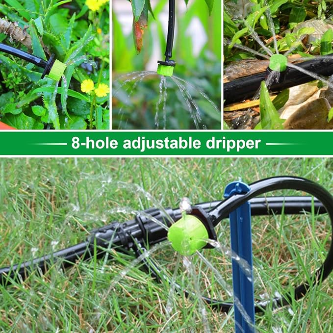 Kalolary 200Pcs Adjustable Irrigation Drippers, 1/4 Inch Barbed Drip Emitter 360 Degree Watering Sprinklers Anti-Clogging Drippers for 4mm/7mm Garden Watering System(Green)