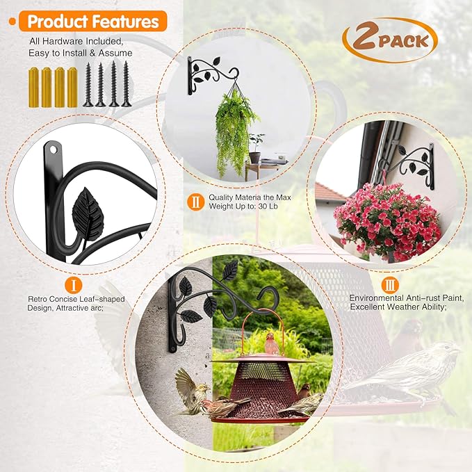 KABB 2 PCS Metal Hanging Hook Plants Brackets, 12 Inch Iron Wall Mount Bracket Durable Rust-Resistant Plant Hanger Hook for Hanging Plants Bird Feeder Wind Chimes Lantern