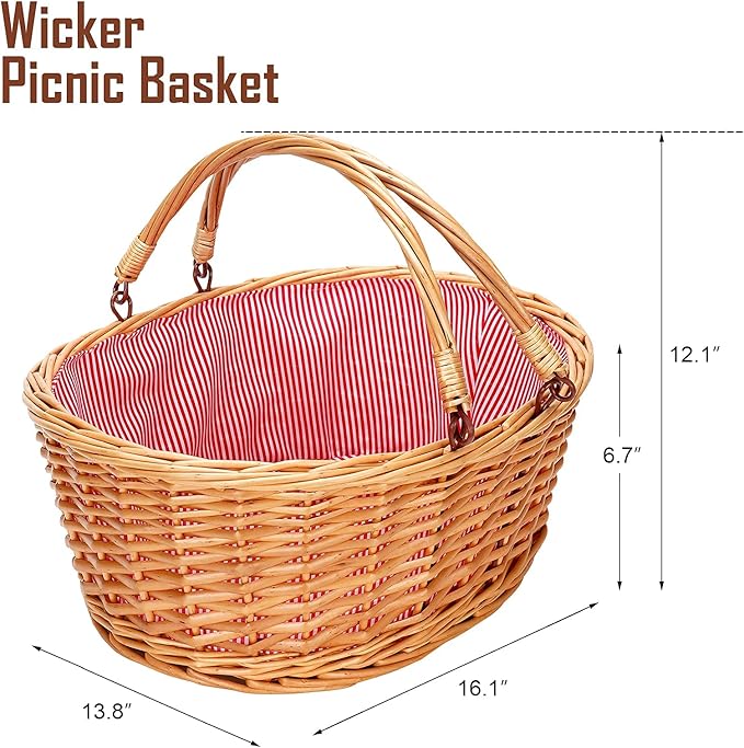Wicker Picnic Basket with Double Folding Handles, Natural Large Willow Hamper Empty Basket Cheap Easter Eggs Candy Storage Wine Basket for Toy, Flower, Wedding(Red 16inch)