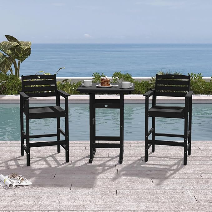 Tall Adirondack Chairs Set of 4, HDPE Wood Balcony Adirondack Chairs Set with Heart Cutout Design, Weather-Resistant Bar Height Furniture for Deck, Porch, Pool (Black)