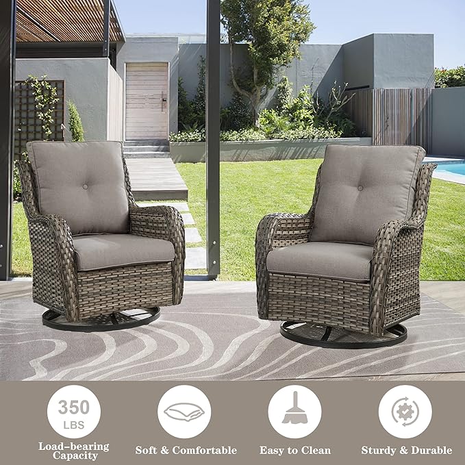 Outdoor Wicker Furniture Patio Set - 7 Piece Backyard Furniture Grey Rattan Conversation Sets with Swivel Rocker Chairs, Rattan Sofa, Club Chairs and Coffee Table, Grey Cushion