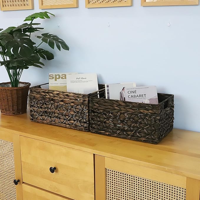 Rectangular Wicker Storage Basket, Dark Water Hyacinth Basket With Inside Handles Shelves Kitchen Office Desk (Large)