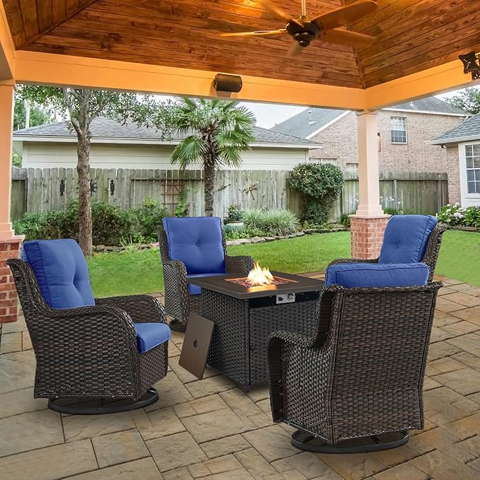 5 Pieces Patio Wicker Furniture Set - 4 Outdoor Swivel Rocker Glider Chairs with Propane Fire Pit Table, Warm Patio Conversation Set Blue Cushion Perfect for Casual Gathering