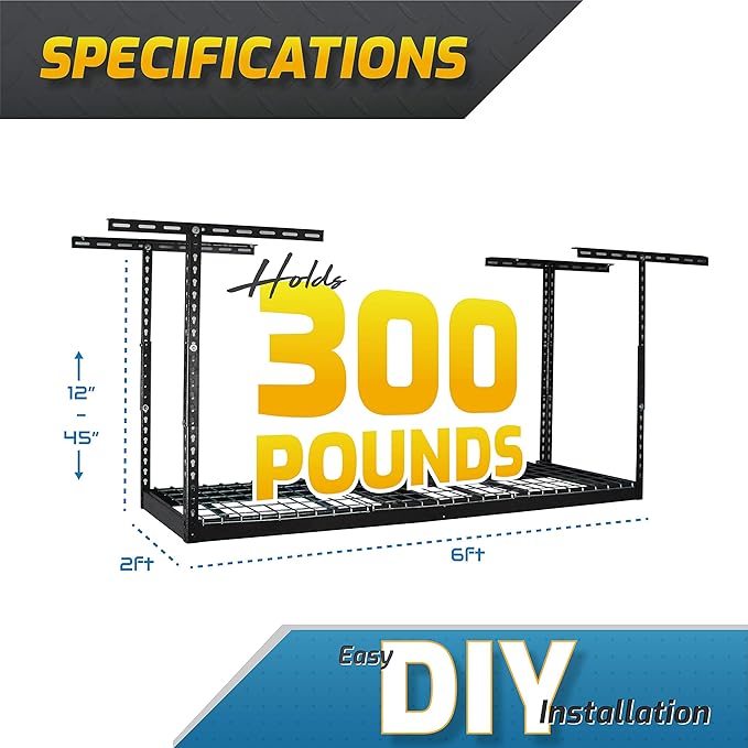 MonsterRAX - 2x6 Overhead Storage Rack (Hammertone, 18"-33" Ceiling Drop Down)
