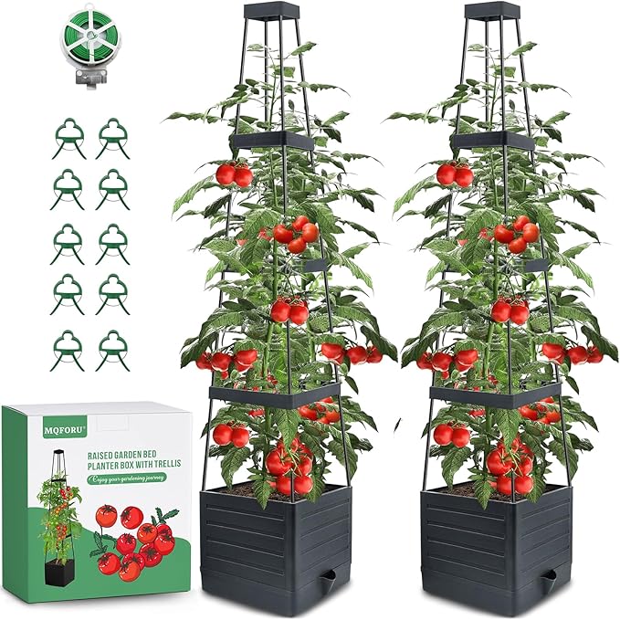 MQFORU 2 Packs Raised Garden Bed Tomato Planter with Trellis, 57" Tomato Cages for Climbing Vegetables Plant, Self Watering Planters Box for Garden Pots for Patio Greenhouse Indoor Outdoor(2PCS)