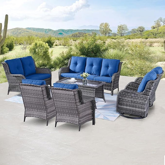 Outdoor Wicker Furniture Patio Set - 7 Piece Backyard Furniture Grey Rattan Conversation Sets with Swivel Rocker Chairs, Rattan Sofa, Club Chairs and Coffee Table, Blue Cushion