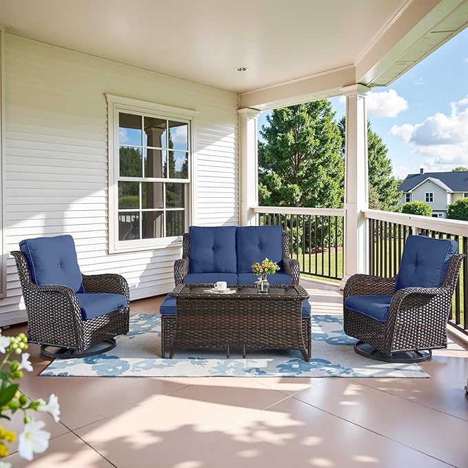 Wicker Outdoor Furniture Patio Furniture Set - 6 Piece Patio Conversation Set with Swivel Rocker Chairs, Loveseat Sofa, Ottomans and Coffee Table, Blue Cushion