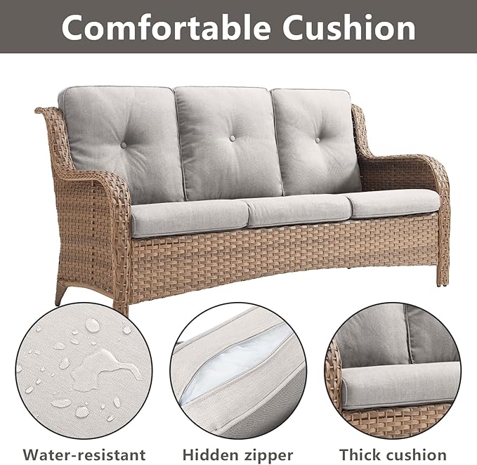Outdoor Wicker Patio Furniture Set - 6 Piece Rattan Patio Conversation Set with 2 Rocking Swivel Chairs,2 Ottomans,1 Sofa and 1 Coffee Table for Porch Deck Backyard Garden(Yellow/Beige)