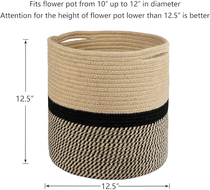 TIMEYARD Sturdy Jute Rope Plant Basket Modern Woven Basket for 11" Flower Pot Floor Indoor Planters, 12.5'' x 12.5'' Storage Organizer Basket Rustic Home Decor, Black and Beige Stripes