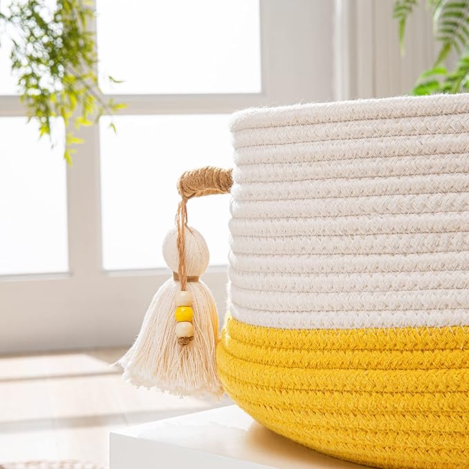KAKAMAY Woven Baskets for Storage(16"x8"),Blanket Basket for Organizing Living Room,Cotton Rope Basket Woven Baby Laundry Hamper,Collapsible Laundry Room Organization,Clothes,Toy Chest(Yellow)