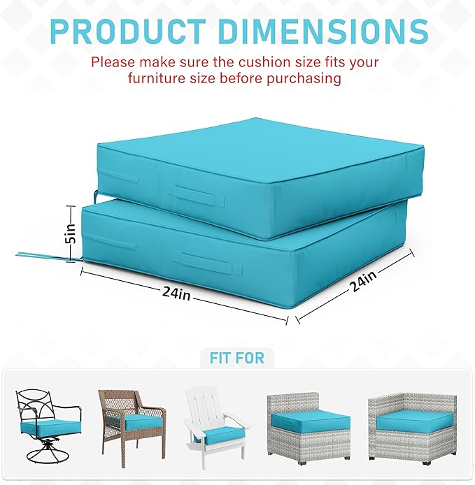 Patio Chair Cushions 24 X 24 X 5 Inch Waterproof Outdoor Seat Cushions for Patio Furniture, Outdoor Sofa Couch Pads with Ties & Handle, Set of 2, Lake Blue