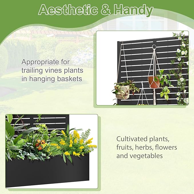 Trellis for Climbing Plants Outdoor,Mental Garden Bed with Drainage Holes Outdoor Privacy Screen Design Tall planters for herb Flower Vegetables 73"x35"x16", Black-Louvered