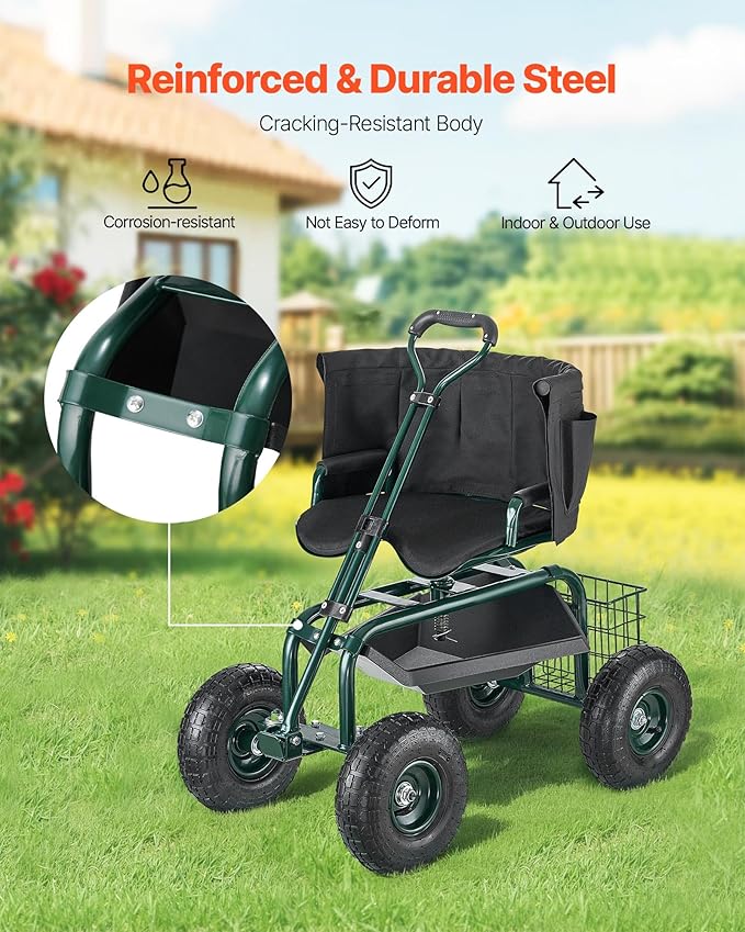 VEVOR Rolling Garden Seat with Wheels, Gardening Stool with Height Adjustable & 360°Swivel Seat, Ergonomic Backrest & Tool Storage, 400lbs Weight Capacity, Garden Scooter Wagon Cart for Yard, Patio